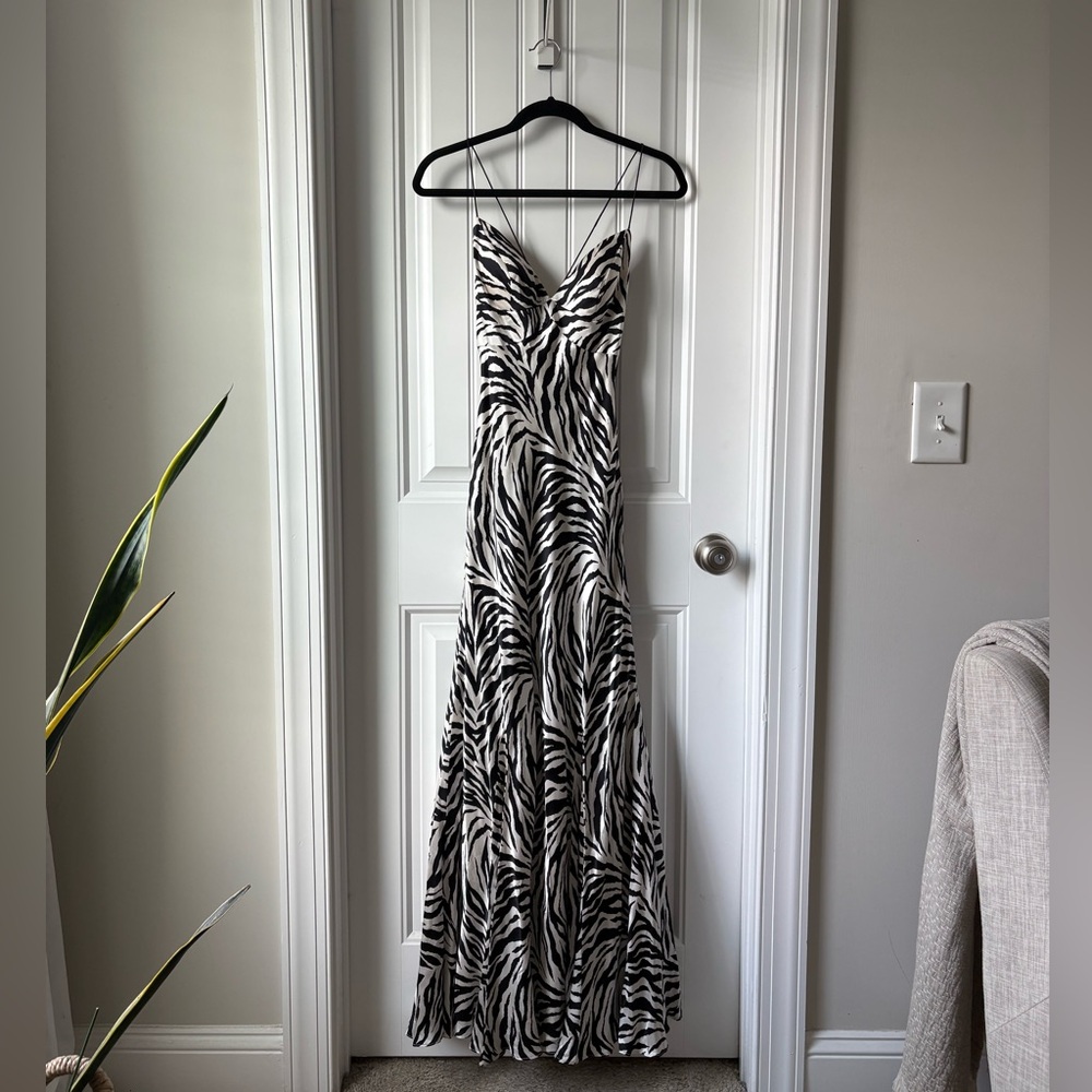 Vintage Jovani 100% Silk Black and White Zebra Print Maxi Slip Dress